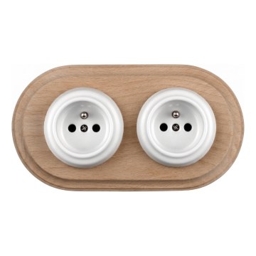 Elhard - Double Ceramic Retro Wall Socket with Frame 230V White/Light Wood