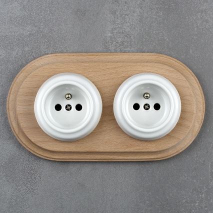 Elhard - Double Ceramic Retro Wall Socket with Frame 230V White/Light Wood