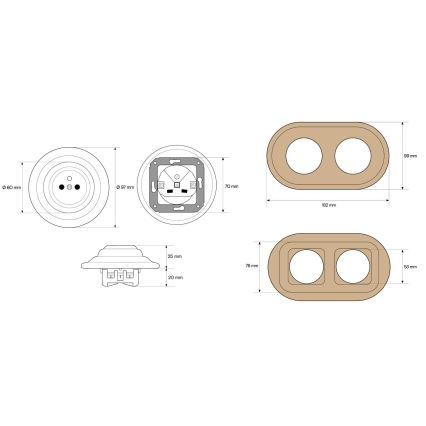 Elhard - Double Ceramic Retro Wall Socket with Frame 230V White/Light Wood