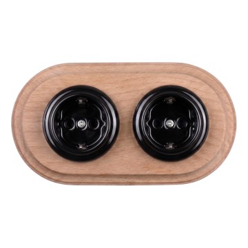 Elhard - Double ceramic retro wall socket with frame SCHUKO 230V black/light wood