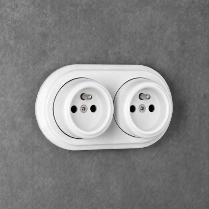 Elhard - Double Retro Ceramic Wall Socket with Frame, 230V, White