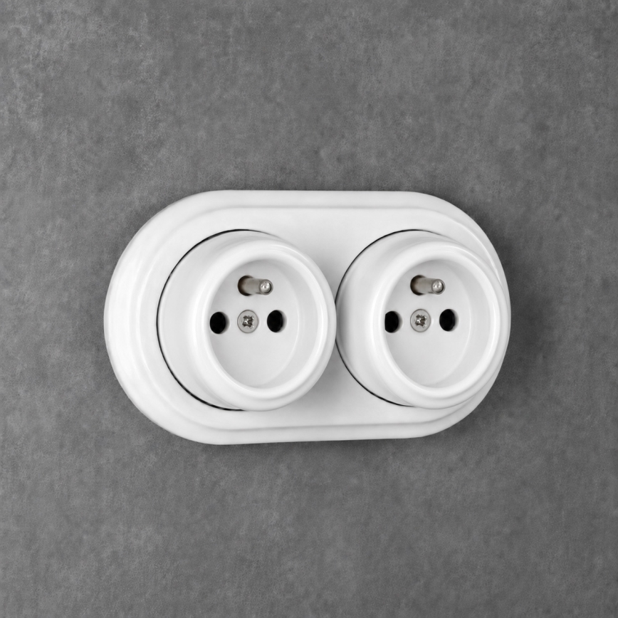 Elhard - Double Retro Ceramic Wall Socket with Frame, 230V, White