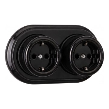 Elhard - Double Wall-Mounted Ceramic Retro SCHUKO Socket with Frame, 230V, Black