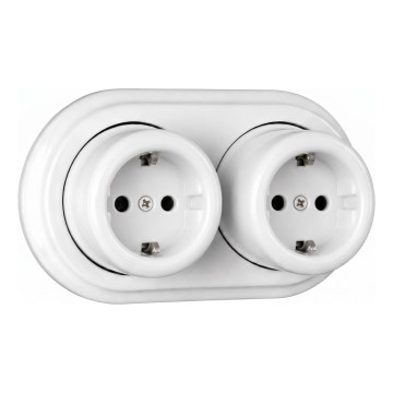Elhard - Double Wall-Mounted Retro Ceramic SCHUKO Socket with Frame, 230V, White