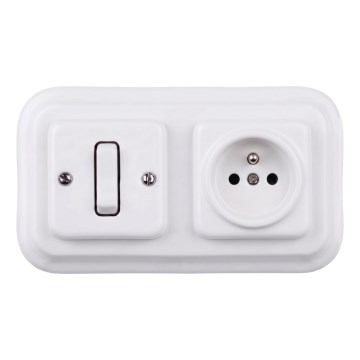 Elhard - Retro ceramic 1-gang single-pole switch No. 1 and 230 V socket with frame, white