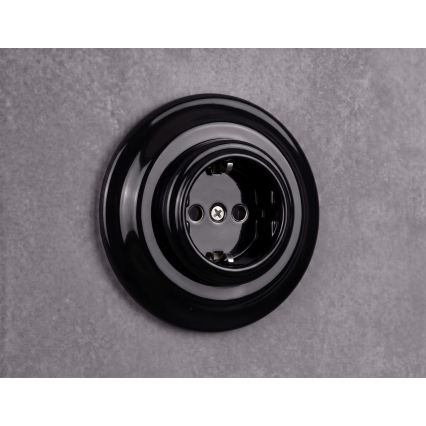 Elhard - Retro ceramic household SCHUKO socket with frame, 230V, black