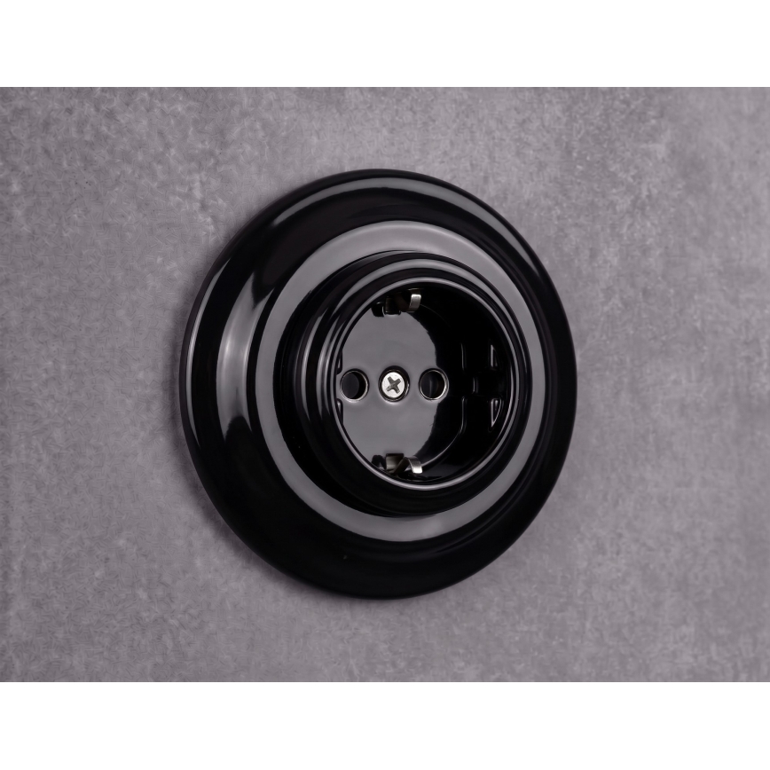 Elhard - Retro ceramic household SCHUKO socket with frame, 230V, black
