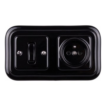 Elhard - Retro Ceramic Single-Pole Switch No. 1 and 230V Socket with Frame, Black