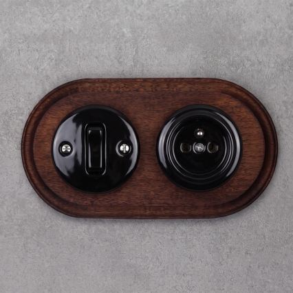 Elhard - Ceramic retro switch No. 1 and 230V socket with black/dark wood frame