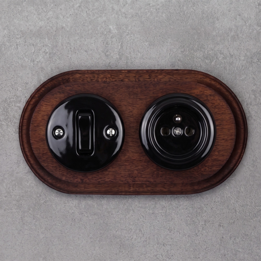 Elhard - Ceramic retro switch No. 1 and 230V socket with black/dark wood frame