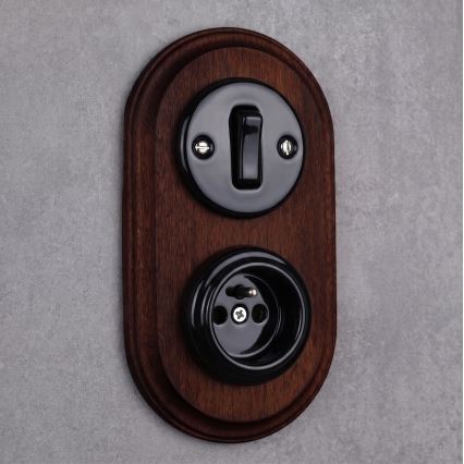 Elhard - Ceramic retro switch No. 1 and 230V socket with black/dark wood frame