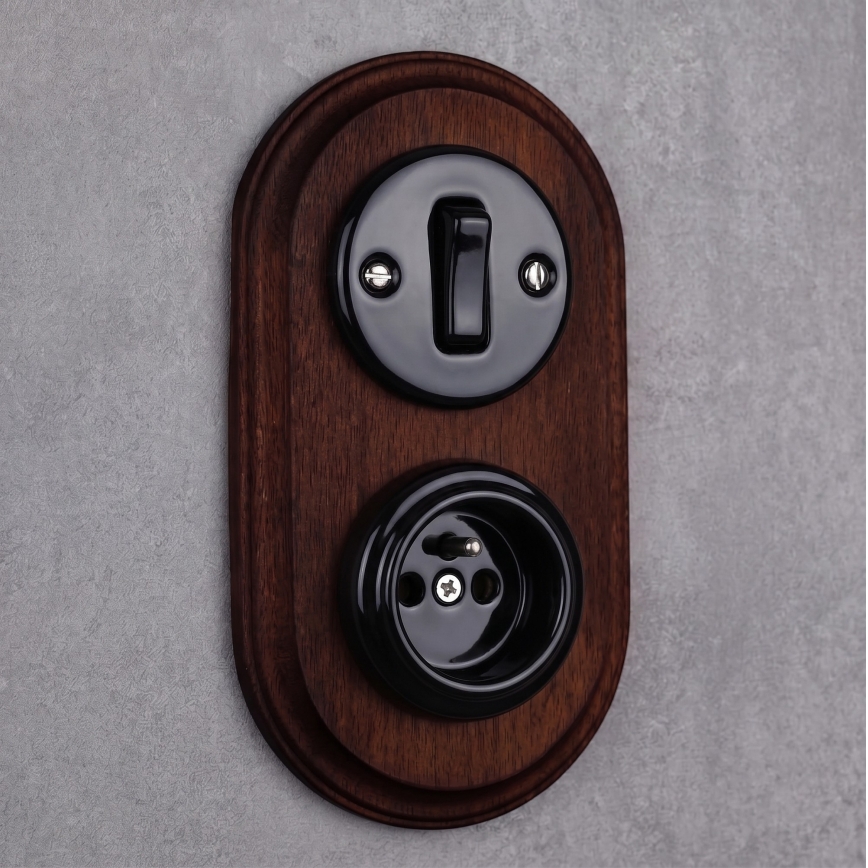 Elhard - Ceramic retro switch No. 1 and 230V socket with black/dark wood frame