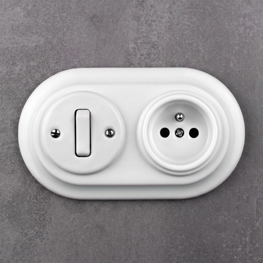 Elhard - Retro ceramic switch No. 1 and 230 V socket with frame, white