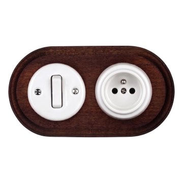 Elhard - Retro ceramic switch No. 1 and 230V socket with frame, white/dark wood