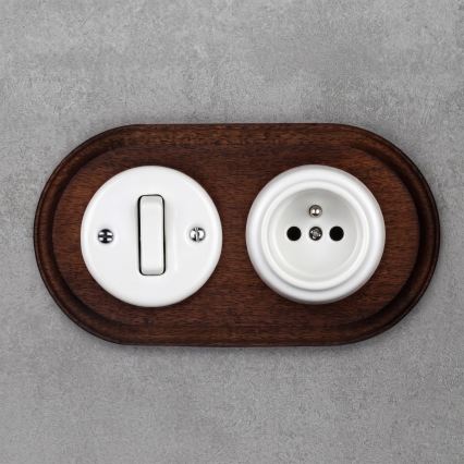 Elhard - Retro ceramic switch No. 1 and 230V socket with frame, white/dark wood