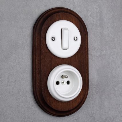 Elhard - Retro ceramic switch No. 1 and 230V socket with frame, white/dark wood