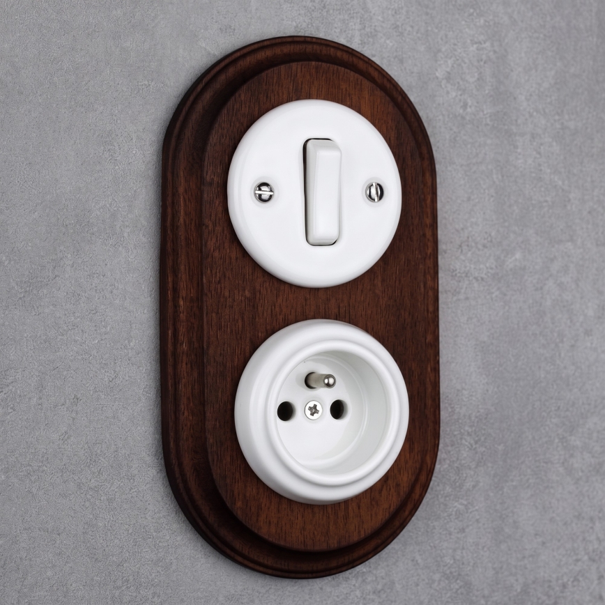 Elhard - Retro ceramic switch No. 1 and 230V socket with frame, white/dark wood