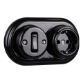 Elhard - Retro ceramic wall-mounted single-pole switch No. 1 and SCHUKO 230V socket with frame, black