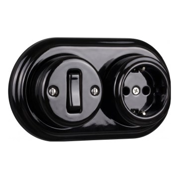 Elhard - Retro ceramic wall-mounted single-pole switch No. 1 and SCHUKO 230V socket with frame, black