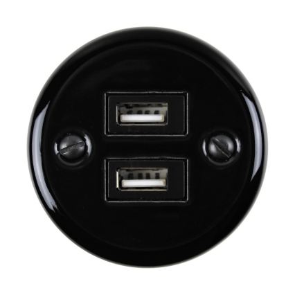Elhard - Retro ceramic wall outlet with 2x USB-A, black
