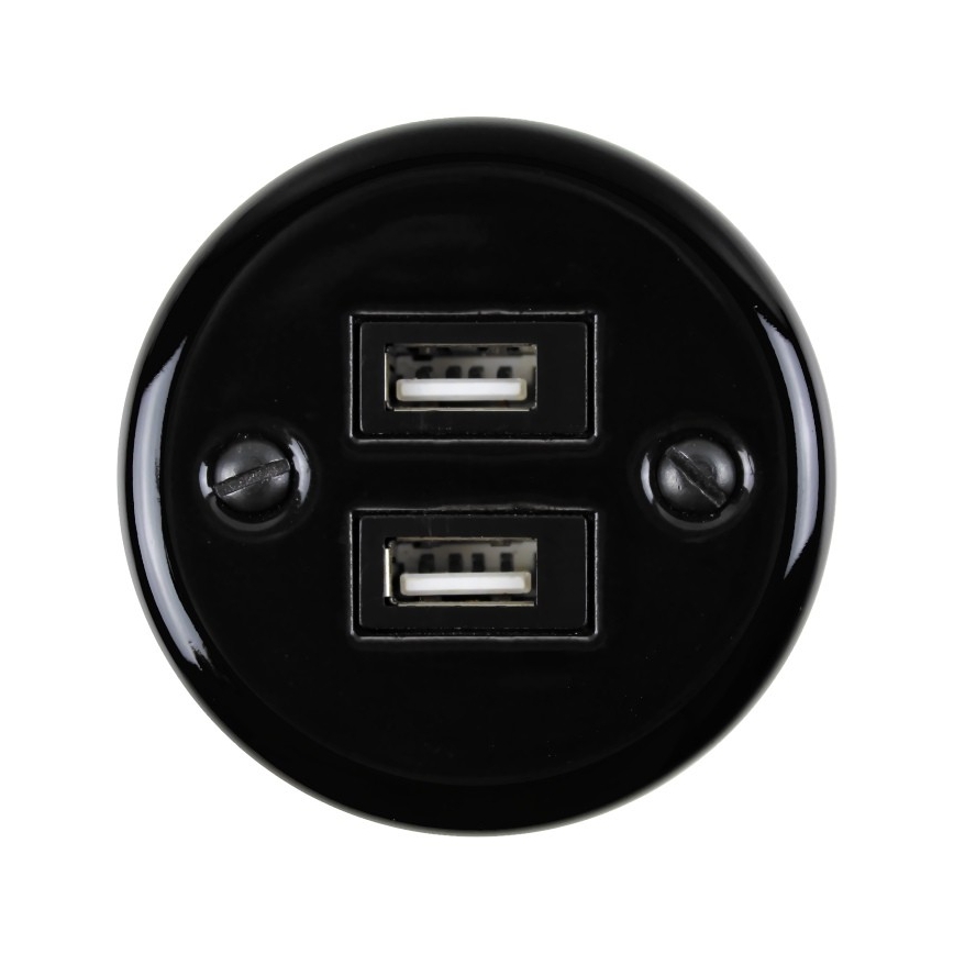 Elhard - Retro ceramic wall outlet with 2x USB-A, black