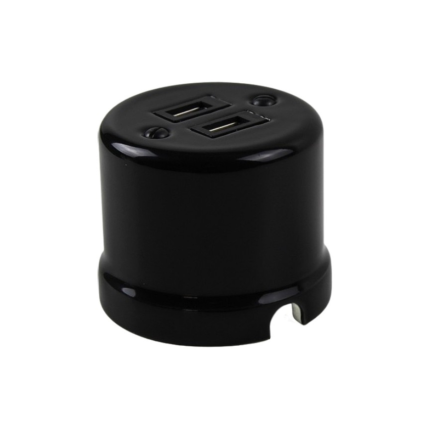 Elhard - Retro ceramic wall outlet with 2x USB-A, black