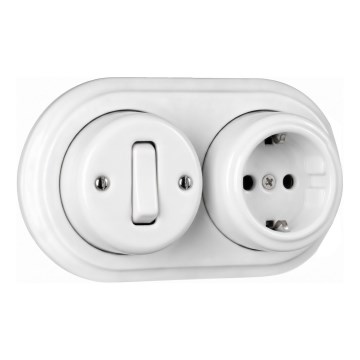 Elhard - Retro ceramic wall single-pole switch No. 1 and SCHUKO 230 V socket with frame, white