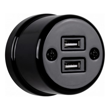 Elhard - Retro ceramic wall socket with 2x USB-A, black