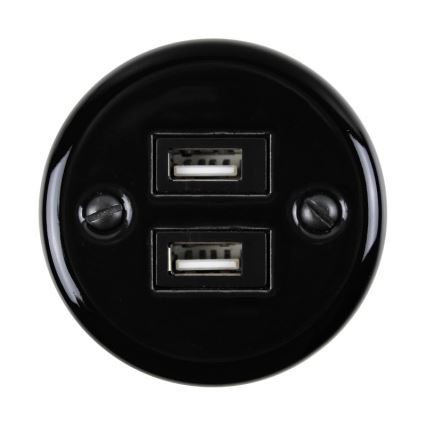 Elhard - Retro ceramic wall socket with 2x USB-A, black