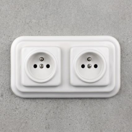 Elhard - Retro double ceramic wall socket with frame, 230 V, white