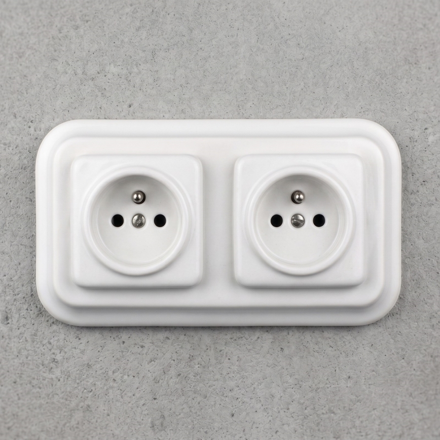Elhard - Retro double ceramic wall socket with frame, 230 V, white