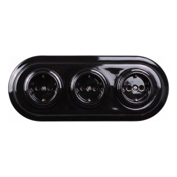 Elhard - Three-gang ceramic retro wall SCHUKO socket with frame, 230V, black