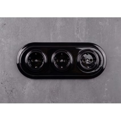 Elhard - Three-gang ceramic retro wall SCHUKO socket with frame, 230V, black