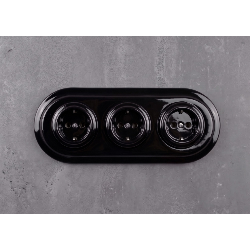 Elhard - Three-gang ceramic retro wall SCHUKO socket with frame, 230V, black