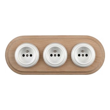 Elhard - Three-gang ceramic retro wall socket with frame 230V white/light wood