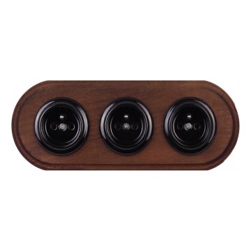 Elhard - Triple ceramic retro domestic wall socket with frame, 230V, black/dark wood