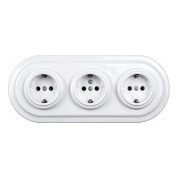 Elhard - Triple ceramic retro home socket with frame, SCHUKO 230V, white