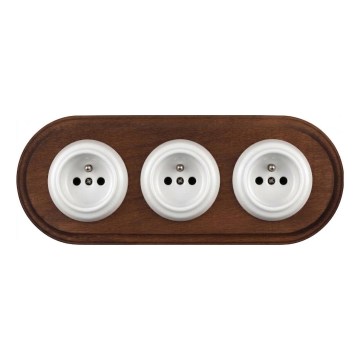 Elhard - Triple ceramic retro household socket with frame 230V white/dark wood