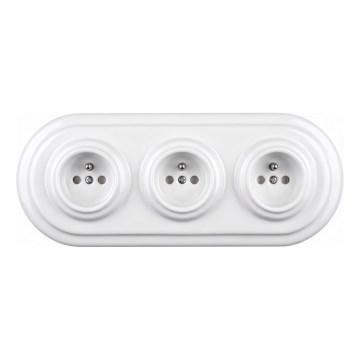 Elhard - Triple ceramic retro household socket with frame, 230V, white