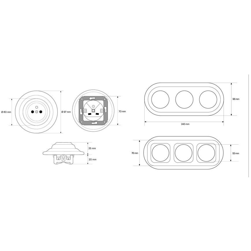 Elhard - Triple ceramic retro household socket with frame, 230V, white
