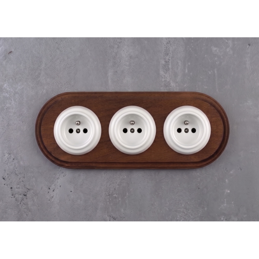 Elhard - Triple ceramic retro household socket with frame 230V white/dark wood