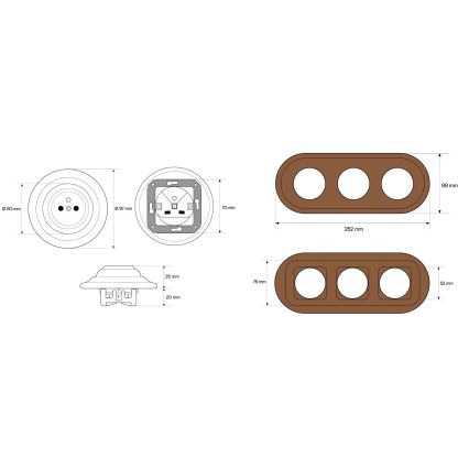 Elhard - Triple ceramic retro household socket with frame 230V white/dark wood
