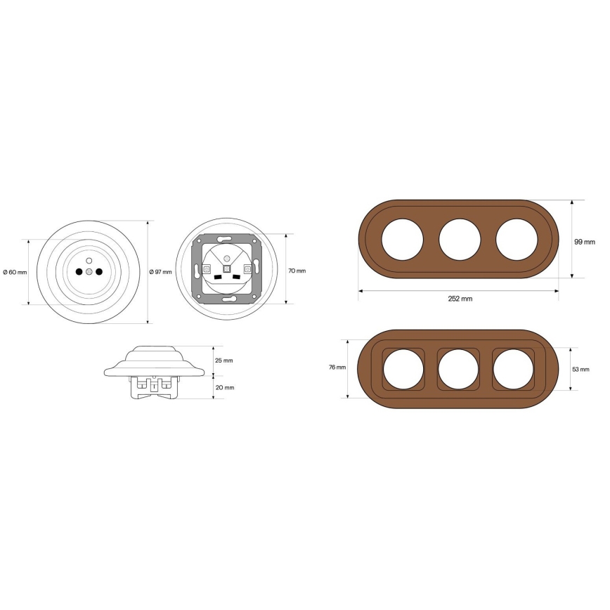 Elhard - Triple ceramic retro household socket with frame 230V white/dark wood