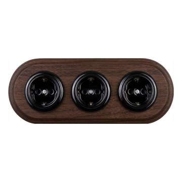 Elhard - Triple ceramic retro household socket with frame SCHUKO 230V black/dark wood