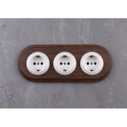 Elhard - Triple ceramic retro wall socket with SCHUKO frame 230V white/dark wood