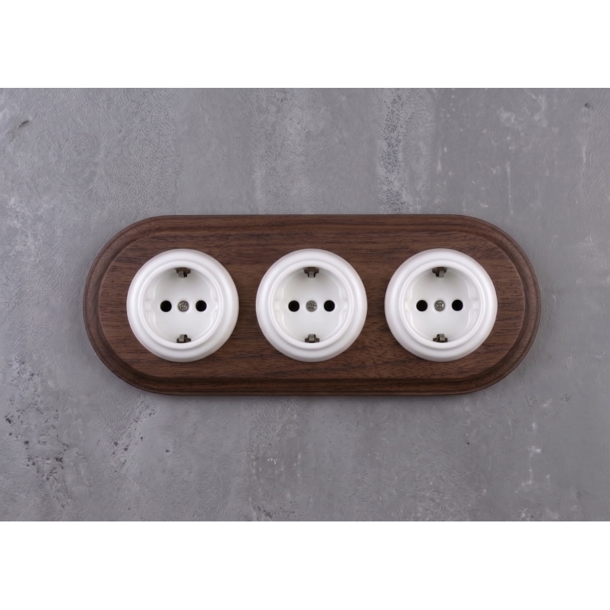 Elhard - Triple ceramic retro wall socket with SCHUKO frame 230V white/dark wood
