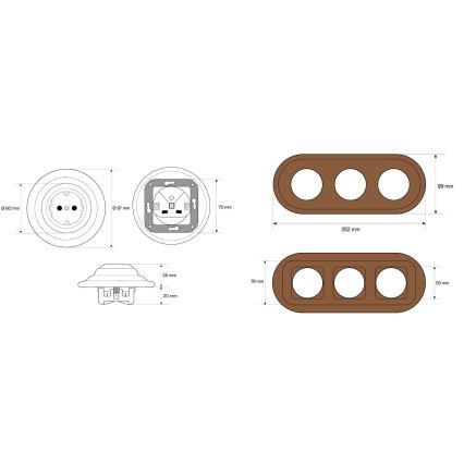 Elhard - Triple ceramic retro wall socket with SCHUKO frame 230V white/dark wood