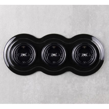 Elhard - Triple ceramic retro household socket with SCHUKO frame, 230V, black