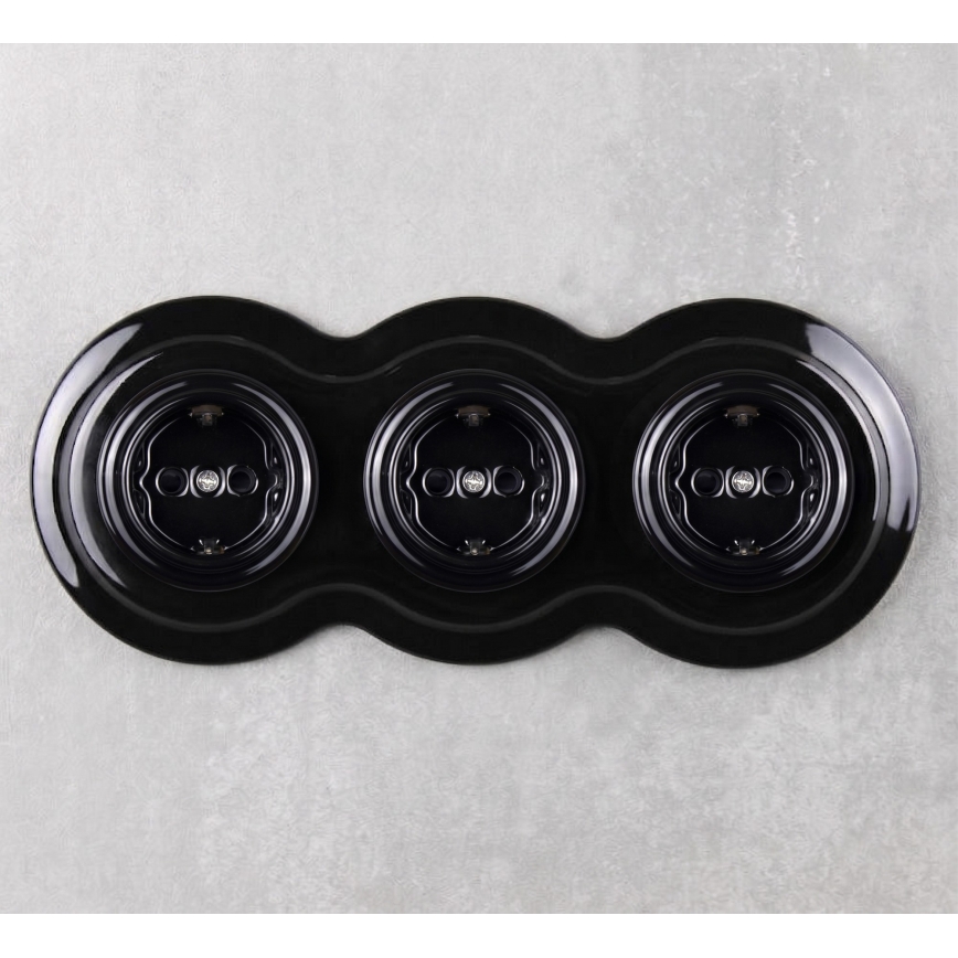 Elhard - Triple ceramic retro household socket with SCHUKO frame, 230V, black