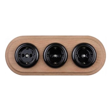 Elhard - Triple ceramic retro household socket with SCHUKO frame 230V black/light wood
